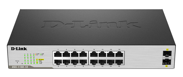 16 Port 10/100/1000Mbps + 2 SFP 1000Mbps Gigabit Smart Switch D-Link DGS-1100-18