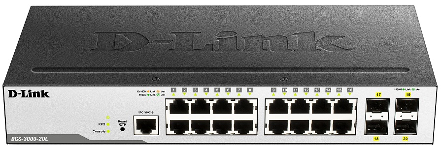 16-port 10/100/1000 BaseT + 4-port SFP L2 Gigabit Managed Switch D-Link DGS-3000-20L