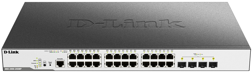 24-port 10/100/1000 Mbps PoE + 4-port 10G SFP+ L2 GB Managed Switch D-Link DGS-3000-28XMP