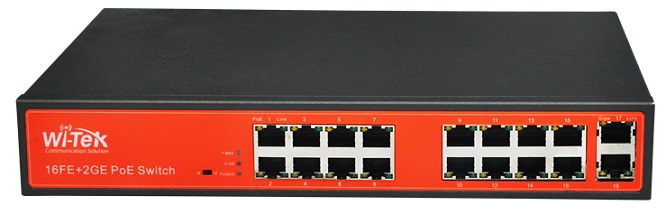 16 port 10/100Mbps + 2 port 100/1000Mbps PoE Switch WITEK WI-PS118G