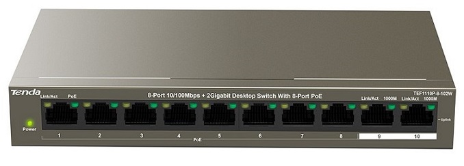 2-port 10/100/1000Mbps + 8-port PoE Switch TENDA TEF1110P (102W)