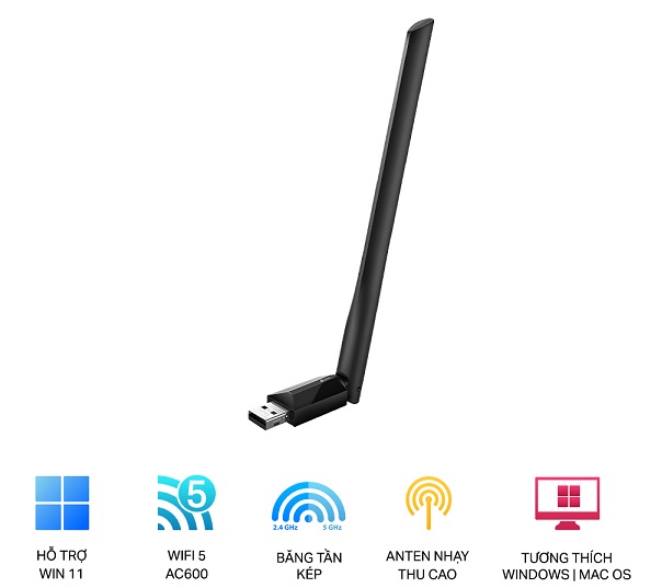 Bộ chuyển đổi USB Wi-Fi băng tần kép AC600 TP-Link Archer T2U Plus