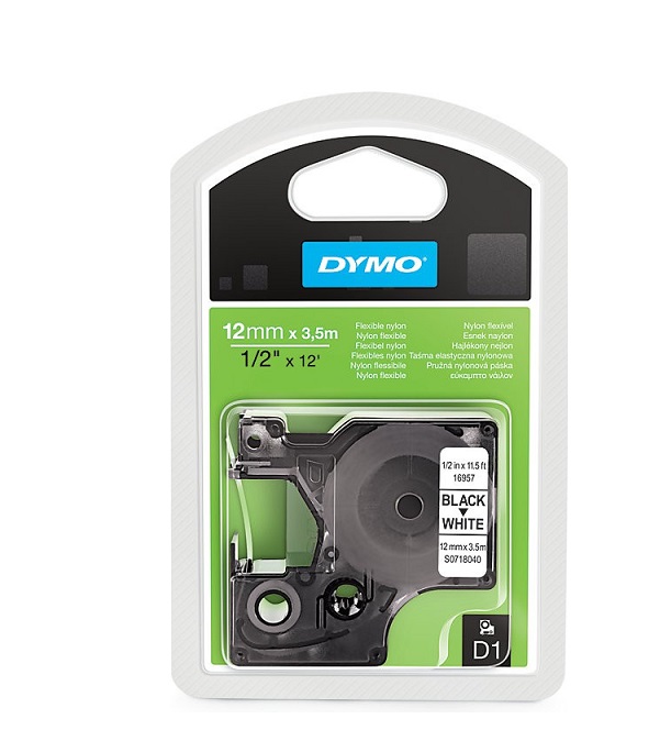 Nhãn in D1 12mm x 3.5m nhựa nylon dẻo đen trên trắng DYMO S0718040