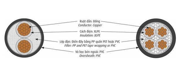 Cáp điện lực hạ thế 3 lõi pha + 1 lõi đất 0.6/1kV CADIVI CXV-3x6+1x4