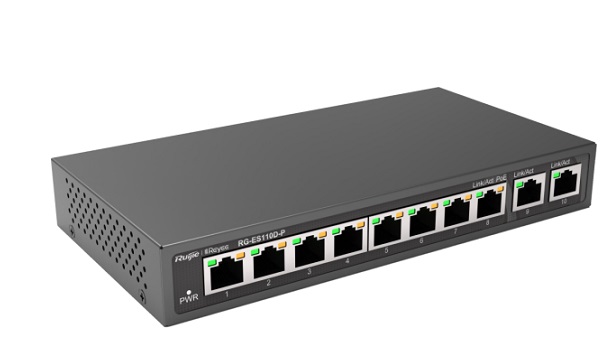 8-Port 10/100Mbps PoE + 2-Port Gigabit Uplink Unmanaged Switch RUIJIE RG-ES110D-P