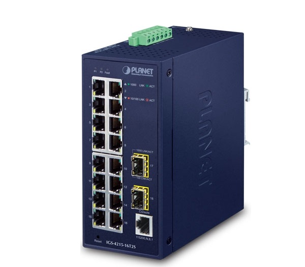 16-Port Gigabit + 2-Port 100/1000X SFP Industrial Managed Switch PLANET IGS-4215-16T2S