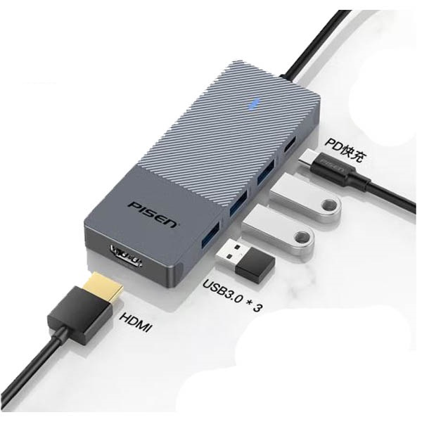 Hub chuyển đổi Type-C sang HDMI + 3xUSB + PD PISEN NJ-TC03