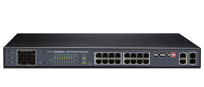 16-port 10/100Mbps + 2RJ45 + 2SFP PoE Switch Provision-ISR PoES-16250CL+2G+2SFP